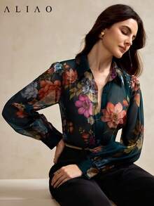 Aliao 高端印花长袖薄纱衬衫，度假风，女士秋季服装，纽扣衬衫，Fowy 夏季上衣 - 彩色 - 查看 1