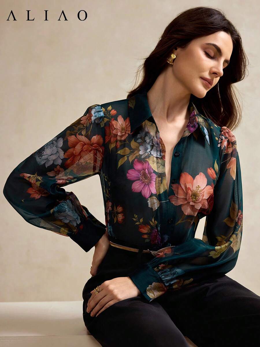 Aliao 高端印花长袖薄纱衬衫，度假风，女士秋季服装，纽扣衬衫，Fowy 夏季上衣 - 彩色 - 查看 1