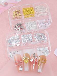 6件套金属钥匙锁美甲装饰品，Y2K美学金属美甲吊坠，钢珠和白色珍珠美甲宝石，美甲用品，美甲配件 - 彩色 - 查看 9