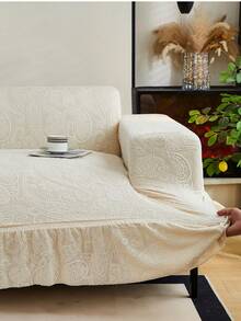 1pc Paisley Pattern Ruffled Elastic Sofa Cover, Dust-Proof And Dirt-Resistant, Stretch-To-Fit Full Coverage Sofa Protector, Home Decor, Machine Washable, Pillow Cover Not Included - Creamy White - View 10