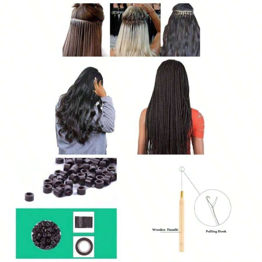 Hair Extension Remove Pliers Pulling Hook 500 PCS Micro Silicone Rings Bead Device Kits Professional Hair Styling Tools Accessory Black - 深棕色 - 查看 1