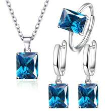 925 Sterling Silver Plated Ring Earrings Necklace For Women Rectangle Geometry Zirconia Wedding Elegant Jewelry Sets Items - Blue - View 1