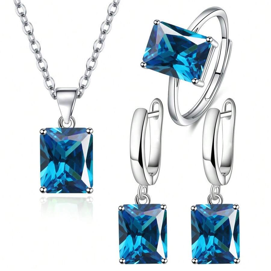 925 Sterling Silver Plated Ring Earrings Necklace For Women Rectangle Geometry Zirconia Wedding Elegant Jewelry Sets Items - Blue - View 1