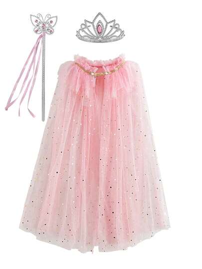 3pcs/Set Pink Glitter Star Cloak, Crown, Magic Wand Set, Girls Christmas, Halloween, Carnival Costume, Party, Stage Performance, Cosplay Outfit