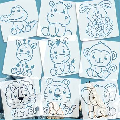 9pcs Reusable Animal Shaped Templates, Includes 9 Cute Animal Designs (Crocodile, Hippopotamus, Rabbit, Zebra, Tiger, Monkey, Lion, Elephant, Leopard) - 3.9x3.9 Inches (10x10 Cm) DIY Craft Templates For Fabric, Canvas, T-Shirts, Wall Decor, Birthday Party Supplies And More