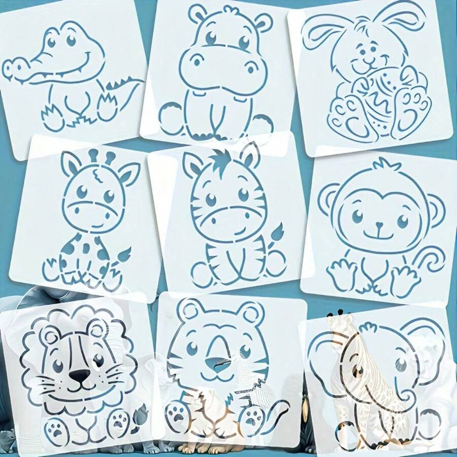 9pcs Reusable Animal Shaped Templates, Includes 9 Cute Animal Designs (Crocodile, Hippopotamus, Rabbit, Zebra, Tiger, Monkey, Lion, Elephant, Leopard) - 3.9x3.9 Inches (10x10 Cm) DIY Craft Templates For Fabric, Canvas, T-Shirts, Wall Decor, Birthday Party Supplies And More - Multicolor - View 1