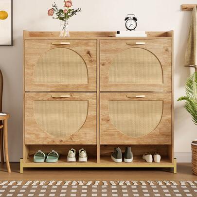 Elegant Wooden Shoe Cabinet With Rattan Door – 4 Doors, Metal Frame And Top Shelf For Storage.