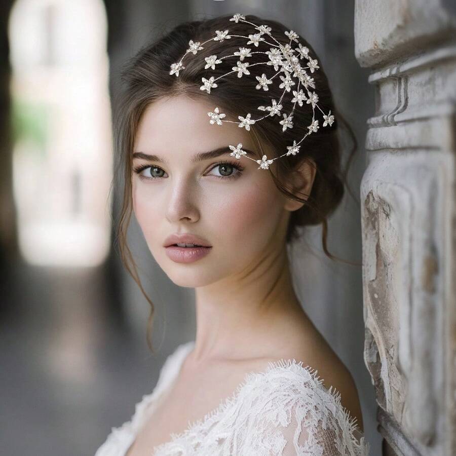 1pc Sparkling Crystal Handmade Woven Star & Leaf Design Bridal Wedding Hair Accessory Valentine's Day Accessories