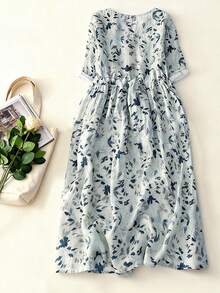 Women's Summer Floral Print Loose Waist Drawstring Casual Vacation Dress - Baby Blue - View 2