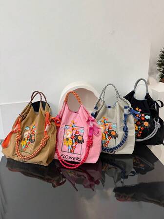 1 st ny moderiktig broderad ram blommönster vikbar nylon tygväska med stor kapacitet, lämplig för pendling, strand, fest, kvinnors axelväska med rem