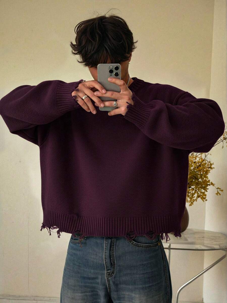 Autumn/Winter Unisex Street Style Minimalist Long Sleeve Crew Neck Pullover Sweater With Fringe & Distressed Details, Loose & Comfortable