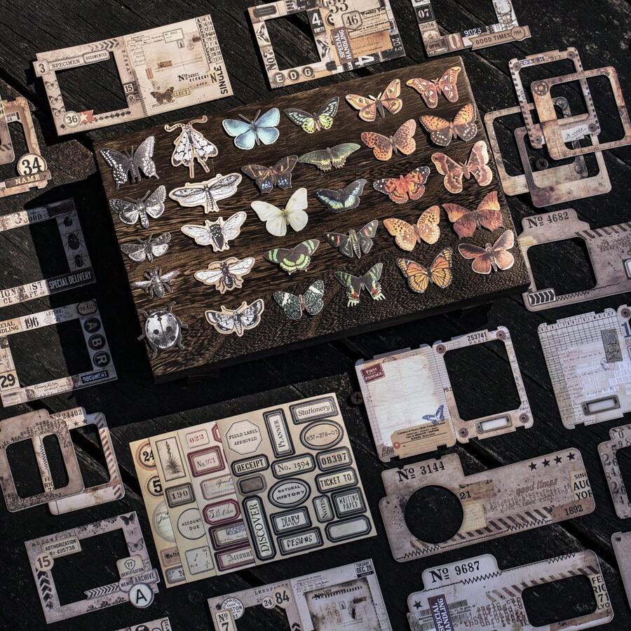 19张/包 复古镂空蝴蝶风景拼贴贴纸，剪贴簿用品，极简昆虫蘑菇做旧相框拼贴装饰材料，手账DIY贴纸，文具剪贴簿用品