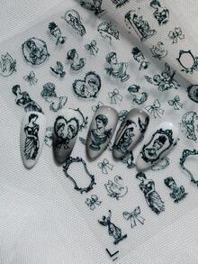 A Retro Dark Nail Sticker With Relief Texture Design, Gothic Baroque Style, Featuring Classical Portraits, Bows, Carved Picture Frames And Other Patterns, Suitable For Personal DIY And Creating Dark And Exquisite Nail Art Nails Nail Supplies - Black - View 4