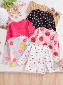 5pcs/Set Girls' Casual "Heart", "Flower", "Bow" Print Long Sleeve T-Shirts, Autumn - Multicolor - View 2