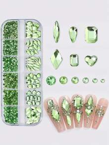 1101 hạt đá trang trí móng tay pha lê nguyên chất - Kim cương và đá quý màu xanh lá cây chanh sáng bóng, nhiều kích cỡ và hình dạng, phụ kiện trang trí móng tay DIY - Cỏ xanh - Xem 5
