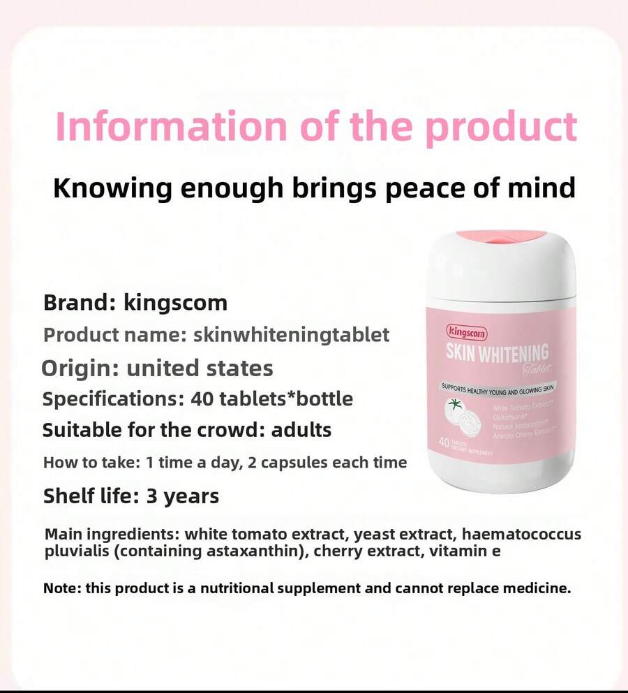 Kingscom American Imported White Tomato Whitening Tablets (FDA Certified) - Anti-Yellowing Brightening Anti-Wrinkle Full-Body Even Whitening Dietary Supplement - Others - View 1