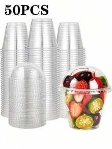 100个透明塑料杯，带盖，水晶PET材质，可作甜点杯、芭菲杯、一次性派对杯，适用于水果、冰淇淋、纸杯蛋糕、冰镇饮料等，也可作学校用品、食品袋、食品盒，适合盛装糖果、巧克力、饼干等，适用于万圣节或圣诞节派对