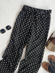 Women's Casual Vacation Style Polka Dot Tie Waist Wide Leg Pants, Spring/Summer - Black - View 5