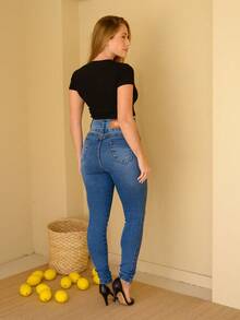 New Vintage Effect Jeans With High, Wide Waistband And 2 Front Buttons, Butt-Lifting Design, Vintage Effect, Butt Lifting Design. - Rửa trung bình - Xem 5