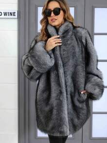 Plus Size Faux Fur Animal Print Fashionable Jacket, Everyday Wear, Autumn/Winter - Grey - View 11