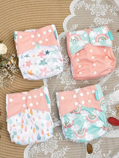 4 Packs Baby Cloth Diapers One Size Adjustable Washable Reusable For Baby Girls And Boys
