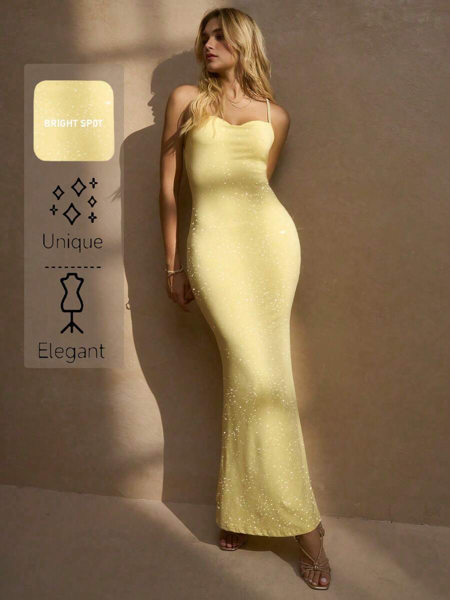 This Elegant Fitted Sequin Dress Features A Cross-Back Design With Delicate Adjustable Straps, Perfect For Holiday Dates And Parties. - Yellow - View 1
