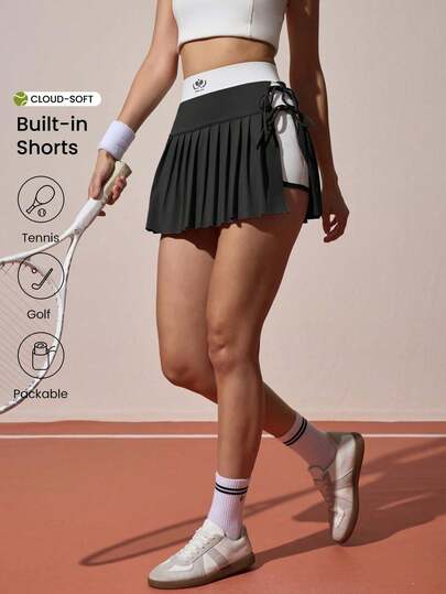Black & White Pleated Tennis Skirt With High Waist Wide Waistband, Built-In Safety Shorts To Prevent Exposure, Simple & Elegant Design With Sports Logo, Adjustable Drawstring Decoration, Suitable For Tennis Training, Fitness, Casual Outings, And Light Social Gatherings