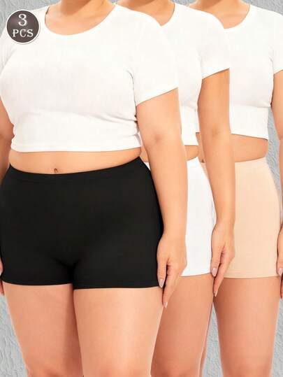 3 piezas Pantalones cortos de ciclismo de talla grande de unicolor, ropa interior elástica y transpirable para mujeres