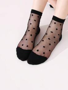 5 pares de calcetines cortos transpirables y transparentes con lunares lindos para niñas, de material de malla ligero, adecuados para el uso diario de niñas en primavera/verano - Negro - Ver 4