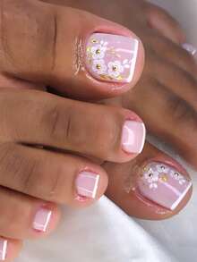 24片短方形假脚趾甲，白色法式花卉亮片水钻亚克力夹式美甲套装（包含：1片果冻凝胶和1把指甲锉），适合女性日常、约会、派对等场合 - 彩色 - 查看 8