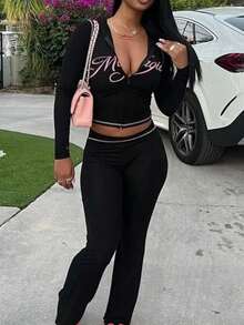 Fall Street Lounge 女士情人节印花拉链上衣和裤子套装，长袖休闲两件套，黑色，春季款 - 黑色 - 查看 2