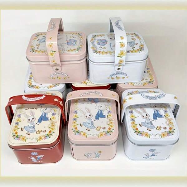 1pc Cartoon Rectangular Metal Tin Box With Rabbit Print, Handle, Iron Material, For Easter Party Supplies, Wedding Chocolate Gift Packaging, Wedding Box With Candy Container, Office Desk Storage, Cosmetic Organization, Baking Supplies Packaging