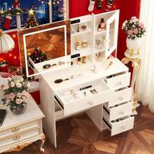 Modern Dressing Table W/Sliding Mirror+10 LED Bulbs Vanity Makeup Desk 5 Drawers - White - View 1