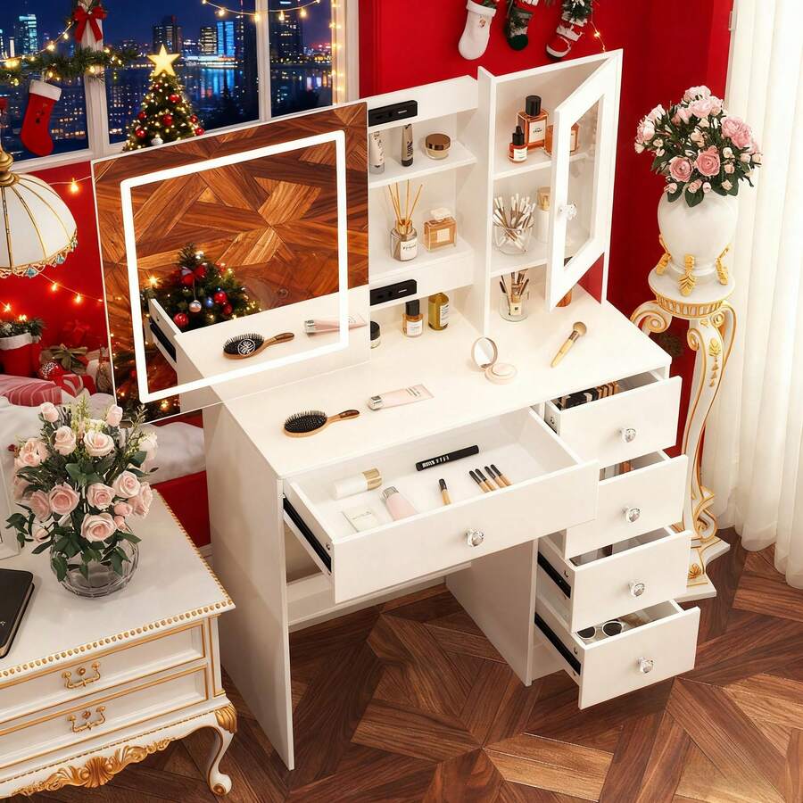 Modern Dressing Table W/Sliding Mirror+10 LED Bulbs Vanity Makeup Desk 5 Drawers - White - View 1