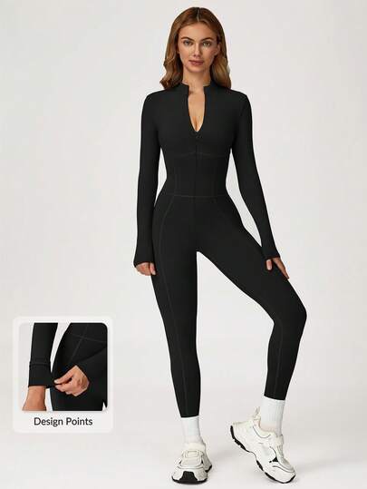 MASKERT Women's Yoga One-Piece Suit With High Collar, Long Sleeves, And Zipper Design, Tight-Fitting And Slimming For Sports Training