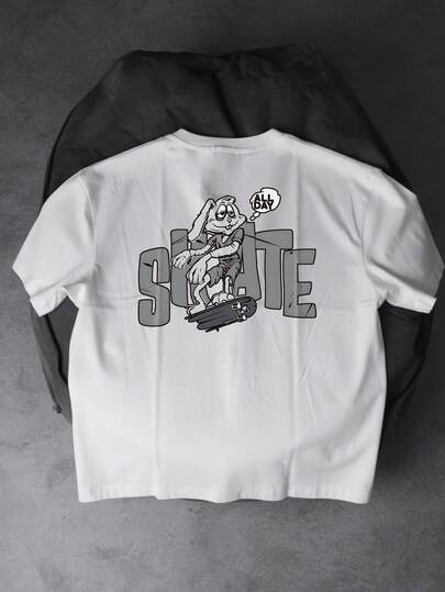 NEON DUSK 男士白色时尚字母兔子滑板印花圆领短袖T恤，休闲日常通勤款