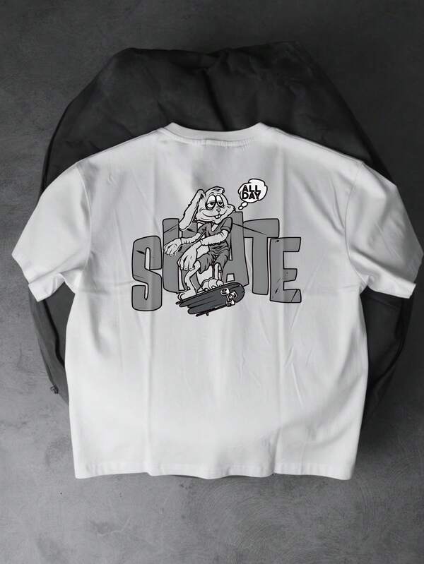 NEON DUSK 男士白色时尚字母兔子滑板印花圆领短袖T恤，休闲日常通勤款