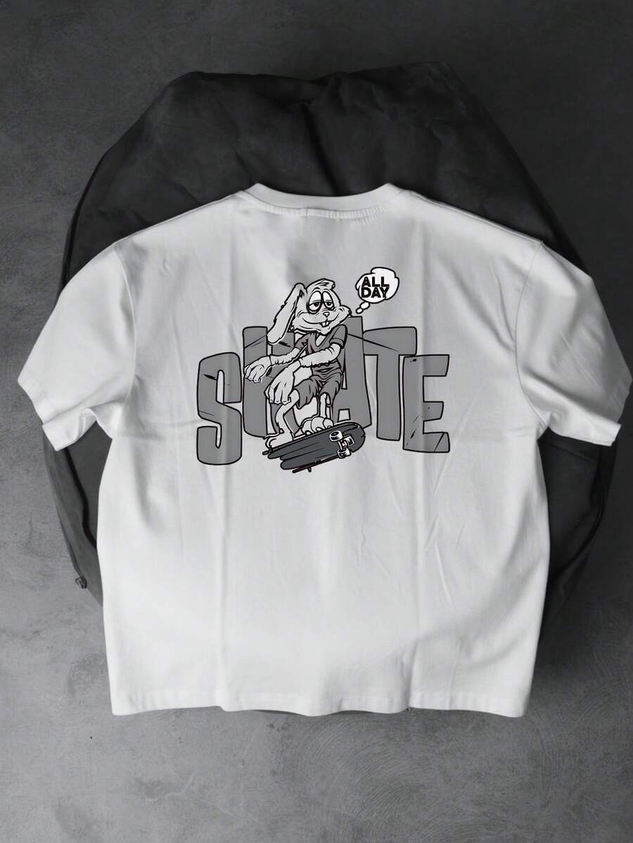 NEON DUSK 男士白色时尚字母兔子滑板印花圆领短袖T恤，休闲日常通勤款 - 白色 - 查看 1