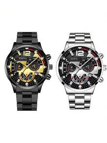 6件套合金表盘时尚商务男童石英表，带日历功能和镂空十字戒指，适合日常商务、聚会、学校、街头拍摄等场合。 - 彩色 - 查看 6