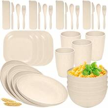 Juego de Vajilla para 4 Personas, Juego de Vajilla de Paja de Trigo 32 Piezas, Vajilla de Completa Reutilizable con Cuenco, Plato, Plato Cuadrado, Cuchara, Tenedor, Tazas, Apto para Lavavajillas - Color beige - Color beige - Ver 2