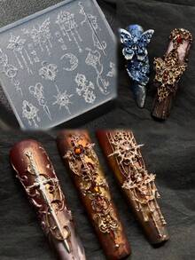 2pcs Nail Art Mold Set, Vintage Baroque Floral Embossed Frame Design, 3D Raised Nail Decoration Silicone Molds - Clear - View 8