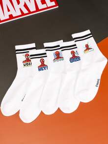 Marvel 5-Pair  Pattern Mid-Calf Socks, Sporty Stripes, Polyester Material, Cute Cartoon Design, Fashionable, Casual And Breathable, Suitable For Everyday Wear, Back-To-School Season And Holiday Gifts. - Multicolor - View 6