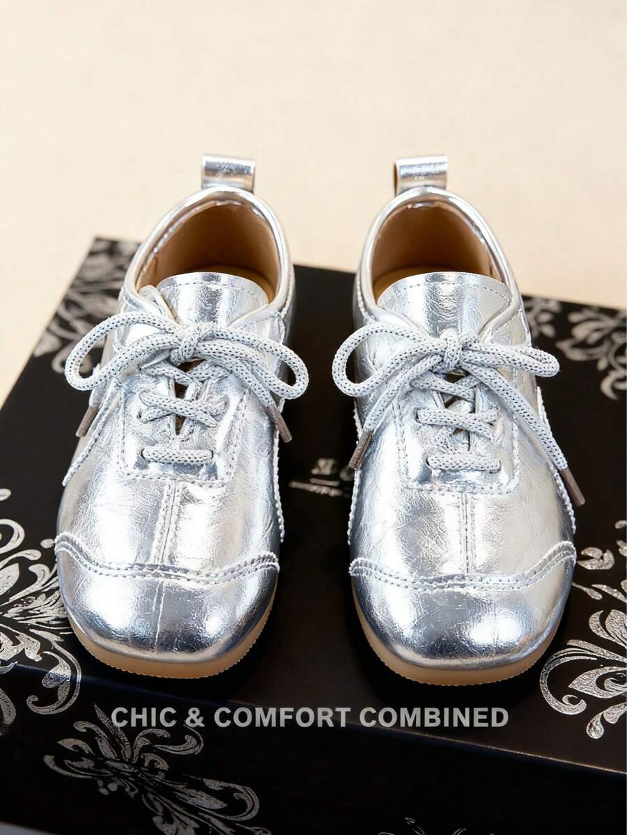 1 Pair 2025 New Multi-Color Children's Casual Shoes, Lace-Up Design, Suede-Like Texture, Boys/Girls Fashion Soft Bottom Sneakers - Silver - View 1