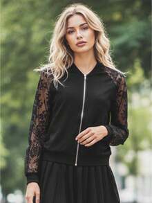 Women  Baseball Jacket Patchwork Lace Long Sleeve Zip-Up Bomber Coat For Winter Fall - Black - View 1