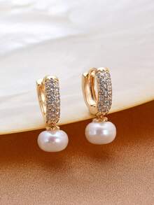 1 Cặp bông tai ngọc trai tự nhiên mạ vàng 18K và đá Cubic Zirconia, Quà tặng cho Ngày của Mẹ, Ngày lễ tình nhân, Sinh nhật, Đám cưới, Đính hôn, Cô dâu - trắng - Xem 2