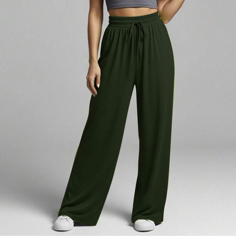 Comfortable Women's Wide-Leg Sweatpants, Soft, Structured Fit, Casual, Basic, Plain, With A Faux Drawstring. - Verde militar - Ver 1
