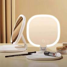 Foldable LED Travel Makeup Mirror, 3-Color Lighting, Dimmable Touch Screen, Multi-Angle Adjustment, Portable Desktop Makeup Mirror, With Makeup Tools And Lipstick Storage Tray, USB Charging, Creative Valentine's Day Gift, Women's Gift, Christmas Gift - Multicolor - View 2