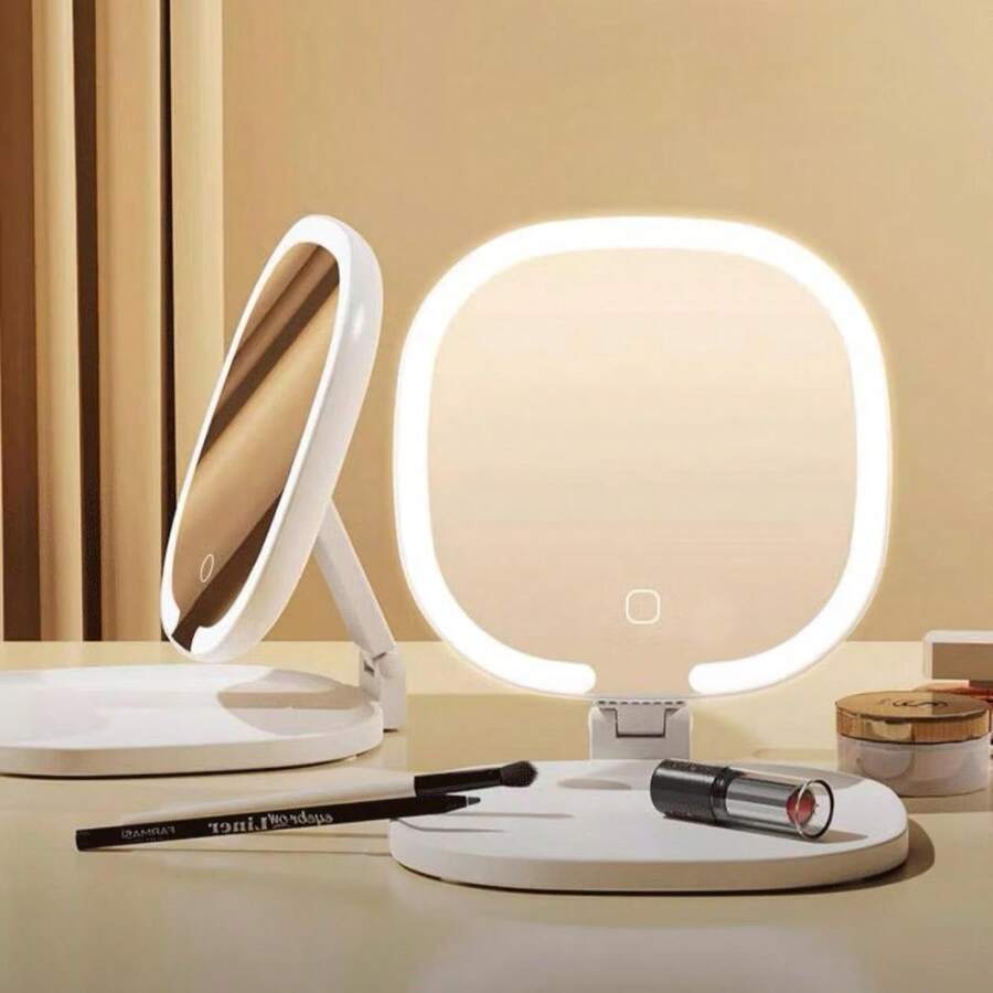 Foldable LED Travel Makeup Mirror, 3-Color Lighting, Dimmable Touch Screen, Multi-Angle Adjustment, Portable Desktop Makeup Mirror, With Makeup Tools And Lipstick Storage Tray, USB Charging, Creative Valentine's Day Gift, Women's Gift, Christmas Gift