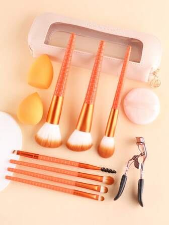 ronshadow 7/8/12pcs Makeup Brush Set - Powder Brush, Contour Brush, Highlighter Brush, Eyebrow Brush, Eyelash Curler, Makeup Sponge - Home & Travel Use