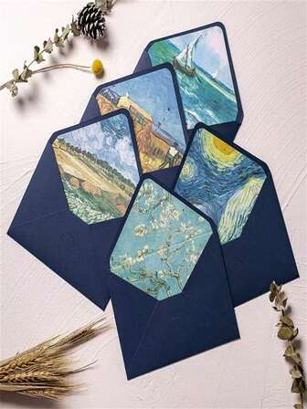 5pcs/10pcs Vintage Oil Painting Print Envelopes, High-End Van Gogh Romantic Envelope Set, Elegant Invitation Cards